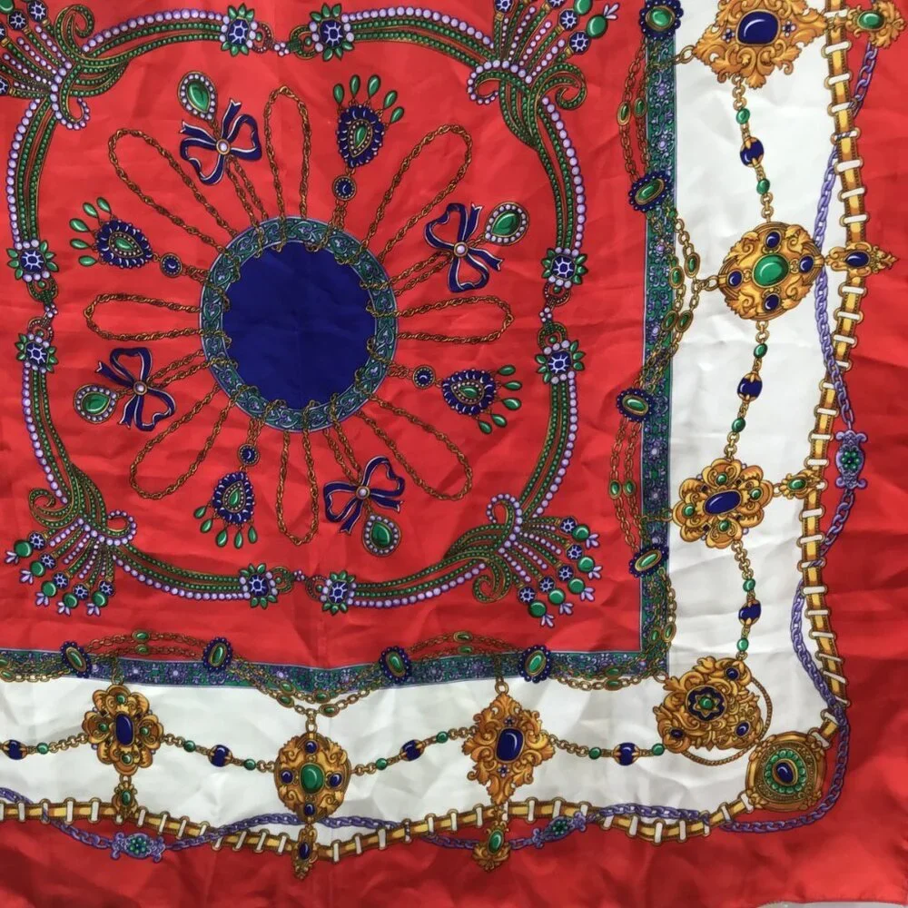 Women's Colorful Vintage Large Square Scarf Jewels Christmas Colors Retro 1980s